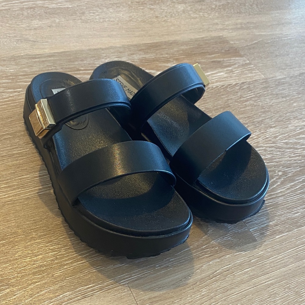 Steve Madden Black Sandals with Gold Buckle